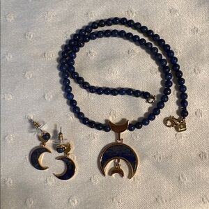 1992 VINTAGE MET MUSEUM NYC Moon Drop Blue Beaded and Gold Necklace & Earrings